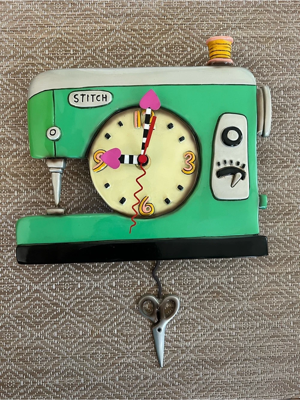 Mint Sewing Machine Wall Clock with Pink Accents